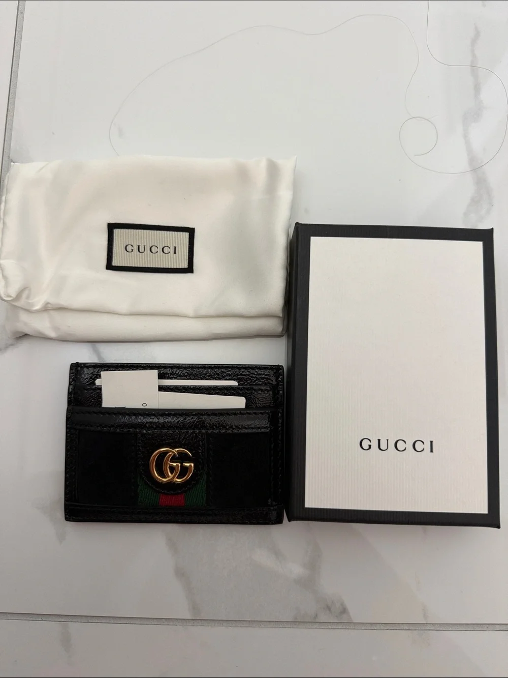 Gucci Black Leather Card Holder with Green-Red Web and Gold GG NWT